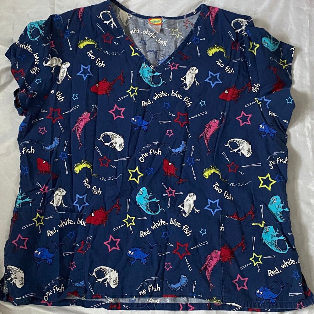 Dr Seuss One Fish Two Fish Medical Scrub Top Women's Size XXL